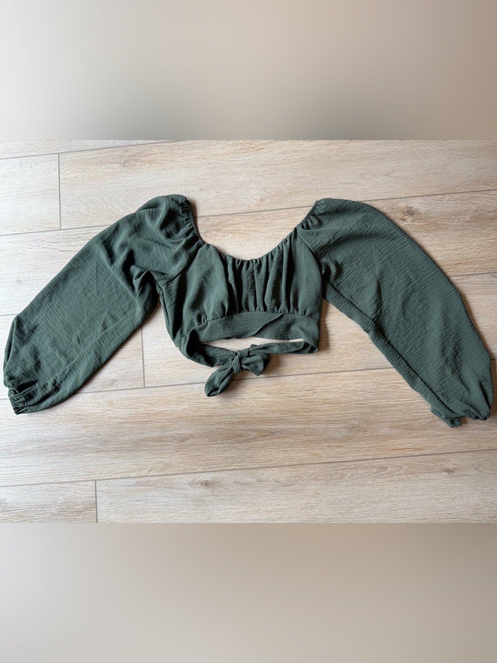 Altar'd State Olive Green Puff Sleeve Tie-Front Crop Top